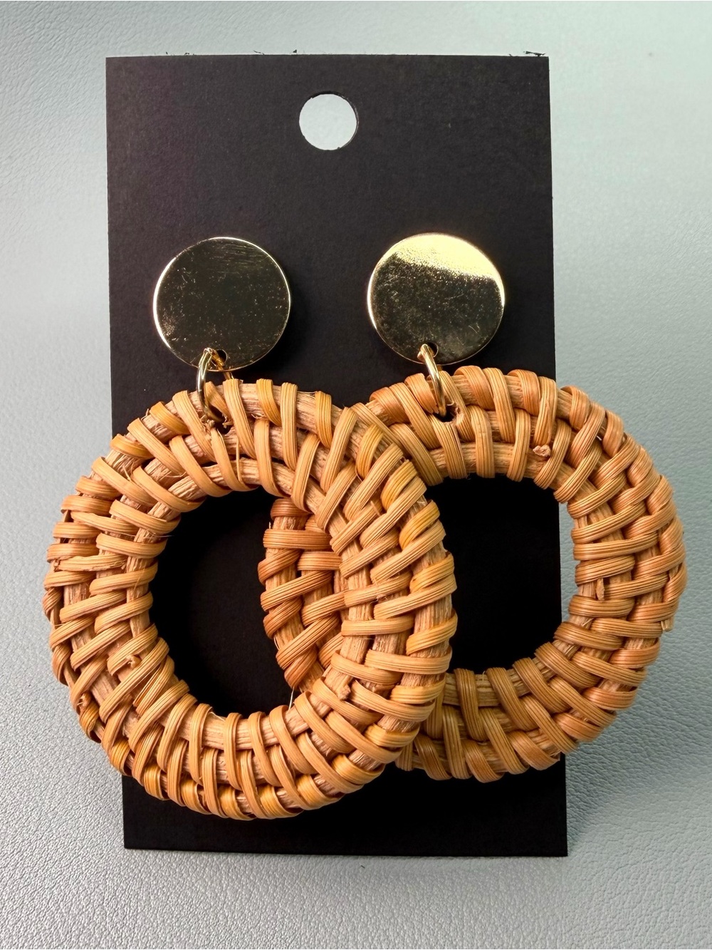 Woven Rattan Hoop Drop Earrings - Gold & Tan